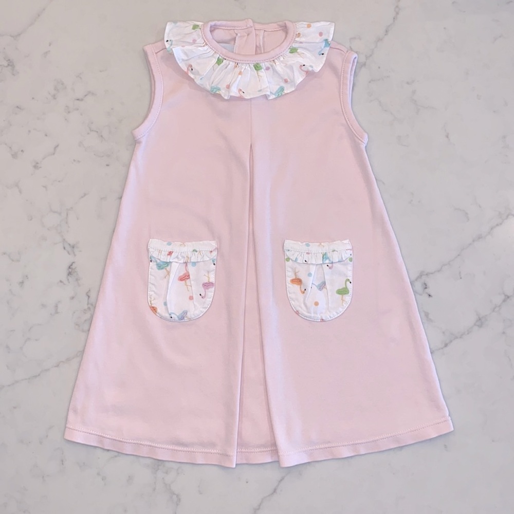EUC James & Lottie Girl’s Pink Pleat Pima Knit Flamingo Ruffle Collar Dress (2T)